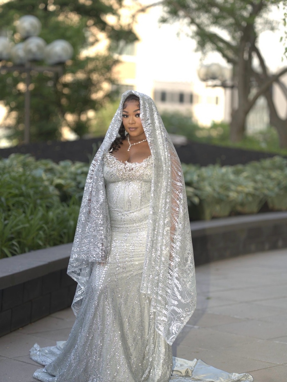 Silver Sequin Prom Gown with Matching Draped Shawl